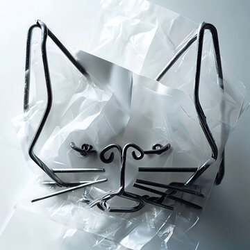 sagoma del volto di un gatto creata da un filo metallico e da plastica, outline of a cat's face created from a metal wire and plastic