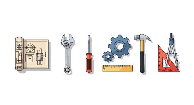 Set of industrial engineering and construction hand tools with blueprints on white background
