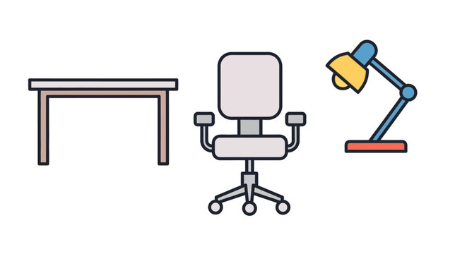 Office furniture icon set with desk, swivel chair, and table lamp in flat vector style.