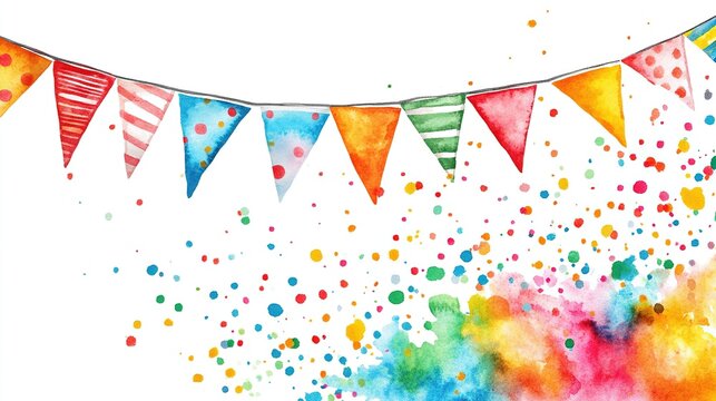 vibrant string of multicolored triangular pennant flags hanging above a lively splash of watercolor dots and paint splatters, cheerful and festive atmosphere, celebrations, parties, joyful events.