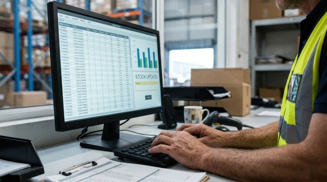 Warehouse manager updating stock database in logistics office effective inventory control strategies