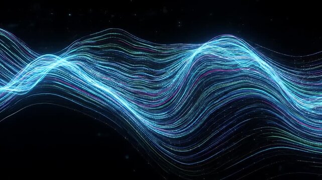 A dynamic video showing a digital wireframe with glowing stripes flowing across the screen against a black backdrop. The stripes create a sense of movement and energy.