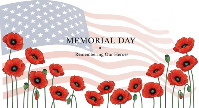 Memorial Day vector illustration with red poppy flowers and US flag