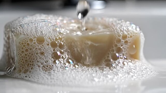 Close up of bar soap with water and foam in a sink.