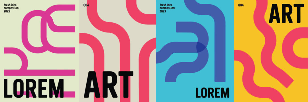 Abstract art posters with flowing lines bold colors and typographic elements