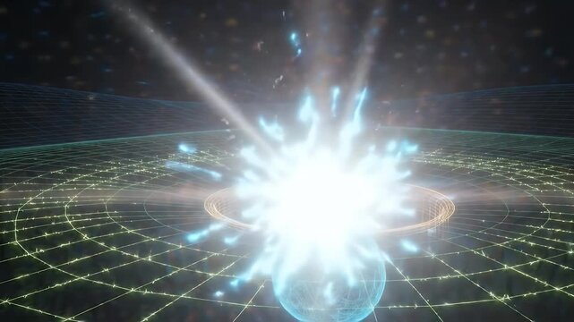 This video shows a digital, wireframe style golf ball rolling towards a hole represented by a circular grid.
