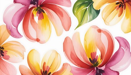 Fototapeta premium Vibrant flowers, pink yellow blooms, floral pattern, watercolor flowers