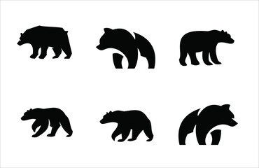 Fototapeta premium Bear Silhouette Vector Set. Collection of Six Different Black Bear Icons for Wildlife and Logo Design.