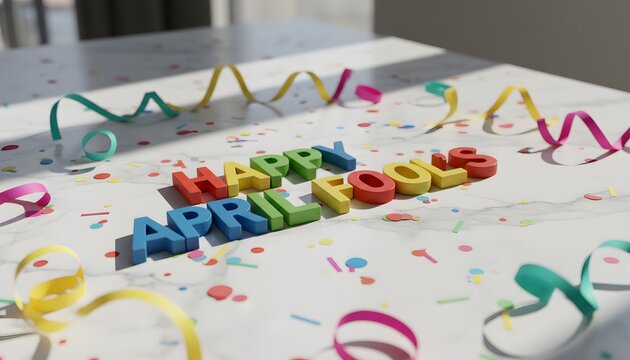 Happy April Fools text in colorful wooden letters on marble with confetti for April Fools' Day celebration concept, bright festive greeting with streamers and sunlight