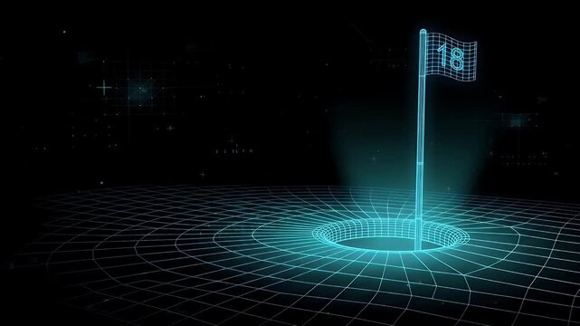 A digital wireframe of a golf ball resting within a hole is displayed against a black background, illuminated with a vibrant light effect.