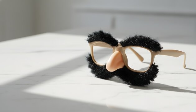 Classic joke glasses with fake nose and mustache on white marble surface for April Fools Day celebration, humor and disguise concept with cinematic natural lighting