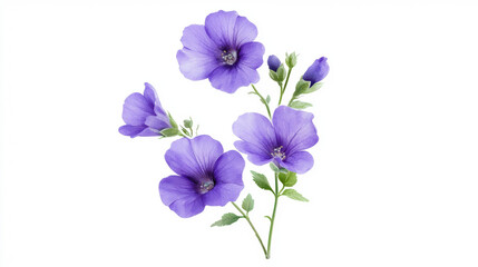 Obraz premium A delicate watercolor painting showcases the ethereal beauty of purple flax flowers with soft petals and green stems, isolated on a clean white background today.