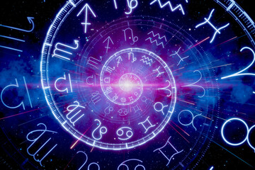 Fototapeta premium Zodiac spiral and signs of the zodiac in space. Astrology, horoscopes and prediction of the future concept