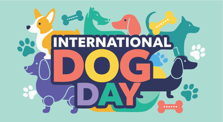 Naklejka premium International Dog Day colorful illustration with various dog breeds and paw prints in playful vibrant style for social media