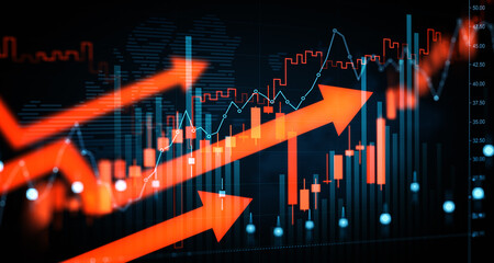 Naklejka premium Dynamic financial trading chart with rising red arrows and illuminated market indicators depicting upward economic movement and future investment trend.