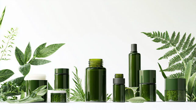 Green cosmetic bottles and jars arranged artfully with fresh leaves against a clean white backdrop suggesting natural skincare and organic beauty products now, ok (150)