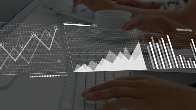 woman typing laptop and peer typing keys, sparking expanding tech charts and world map for insight