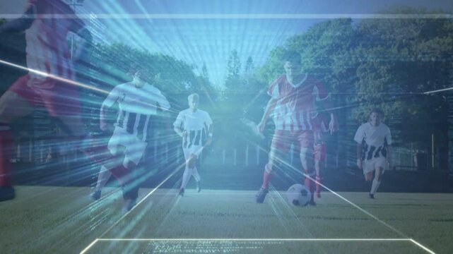 Red player sprinting and dribbling, breaking line, camera zooming, causing sports grid and streaks