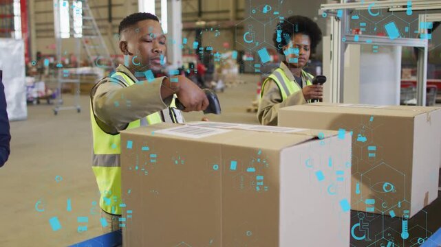 Male and female packers raising scanners and scanning boxes, overlaying AR icons for logistics