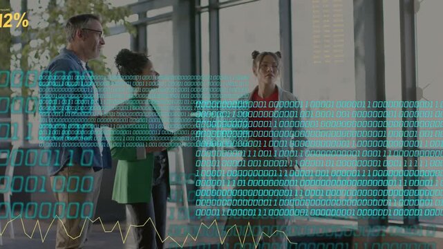 Team greeting newcomer entering, reviewing business, pointing phone, overlay covering group +12%