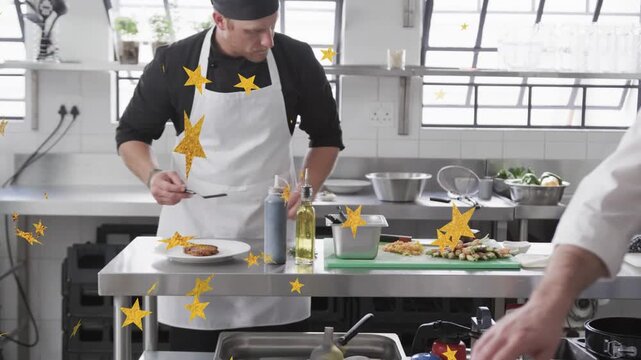 Head chef starting plating at prep, arranging dish for service while yellow stars overlaying plate