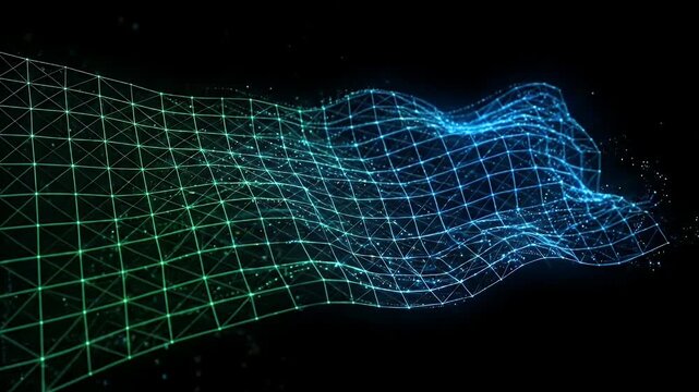 A digital wireframe grid is shown transforming into a waving flag-like motion. The grid transitions from green to blue and is set against a black background with small particles adding to the visual