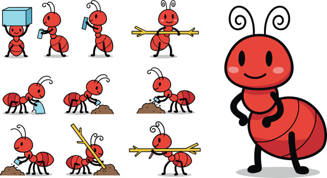 Cartoon Red Ant Vector Set Featuring Different Poses and Actions for Fun, Playful, and Creative Illustrations