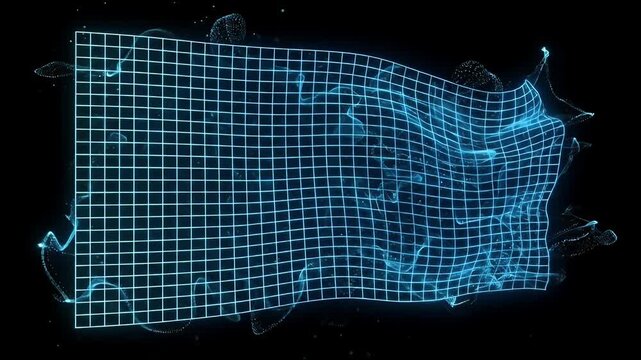 This video shows a digital wireframe grid transforming and warping against a black background. The grid appears to be in motion, resembling a flag waving or transforming shape.