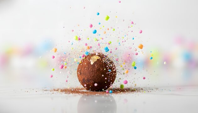 Gourmet chocolate truffle with gold leaf exploding with colorful sprinkles for an April Fools Day prank concept, showcasing a fun day of laughter candy burst surprise