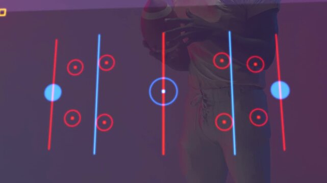 Male football player adjusting grip as HUD overlay building, yellow path mapping play over chest