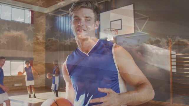 Camera pivoting, player turning and presenting ball for sports promo, stars overlaying court