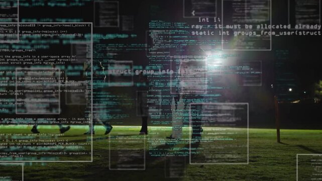Four males walking across lit grass field, motion causing tech code windows overlaying men for demo