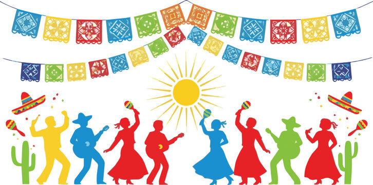 People dance under colorful flags and sun with cacti nearby outdoors