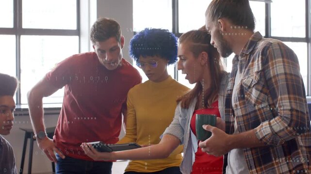 Woman showing tablet and pointing, team leaning in as animated chart highlighting business data