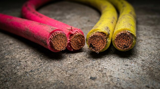 Neon pink and bright yellow electrical cables rest cleanly cut on rough grey concrete, highlighting intricate copper wire strands inside.