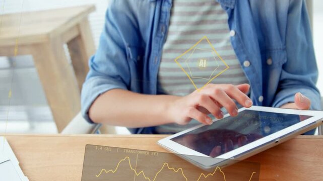 Mid-adult woman tapping tablet for tech, causing AI icon and graph appearing, camera pulling back