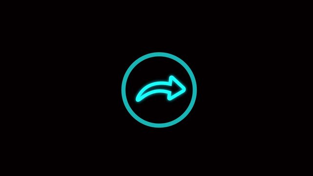 Cyan neon share icon with curved arrow in circle on black. Share icon image. Professional cyan neon share icon for social media engagement and digital content distribution.
