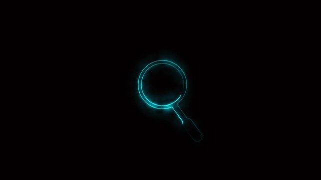 Cyan neon magnifying glass icon with smoky effect on black. Magnifying glass search icon. Sleek cyan neon magnifying glass icon for digital discovery and data find concepts.