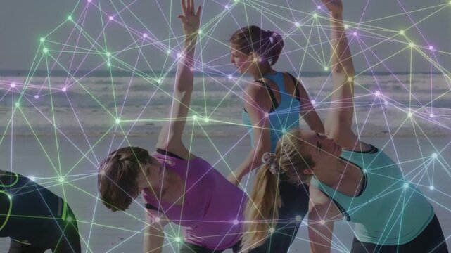 Women moving on fitness cue, doing lateral bends on beach with animated nodes showing alignment