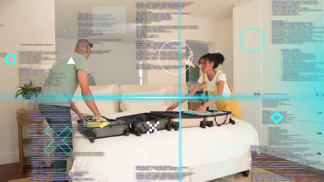 Couple opening two suitcases, packing and stacking, HUD showing turquoise pillow, preparing travel