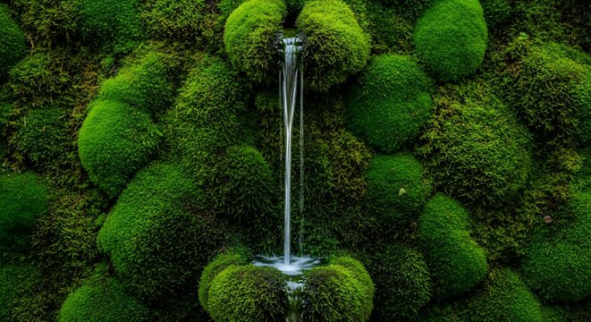 lush green mossy wall with a gentle water cascade flowing through its textured surface, creating a serene natural display