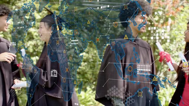 Male grad handing diploma sparking worldmap overlay while peers swapping scrolls marking graduation