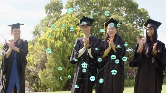 Grads clapping on lawn after classmate entering with rolled diploma, green nodes overlay