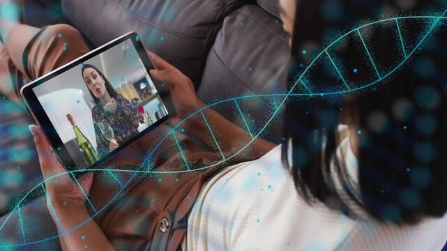 User holding tablet on couch, call connecting and helix sweeping across tablet and viewer for chat