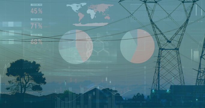 Displaying high-voltage transmission towers and power lines at dusk, with pie charts and world map
