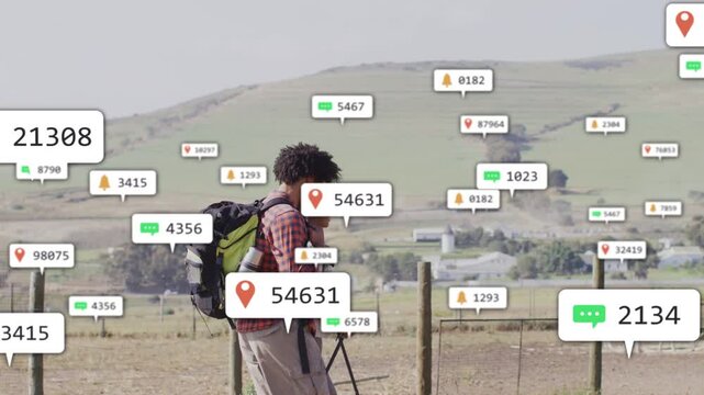 Two hikers walking path, creating AR pins and chat bubbles, labels densifying for navigation