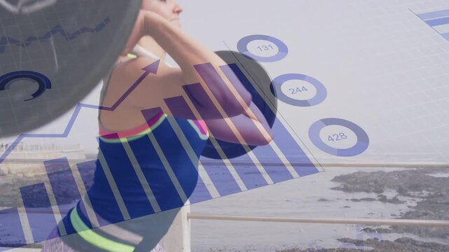 Woman gripping bar, pulling to rack, jerking up for fitness with blue charts overlay tracking power