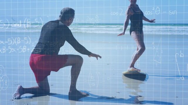 Seniors placing foot on board, man kneeling steadying, training for fitness with blue-grid overlay
