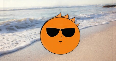 Fototapeta premium Floating orange cartoon sun with black sunglasses sitting near wet sand and foamy surf, coastline