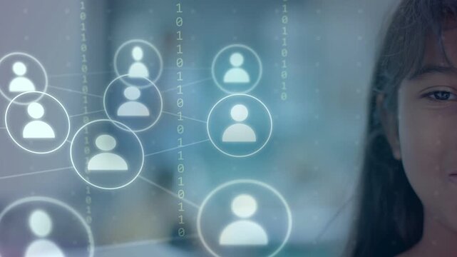 Girl watching pale circle appearing then cloning into avatar nodes binary digits linking technology